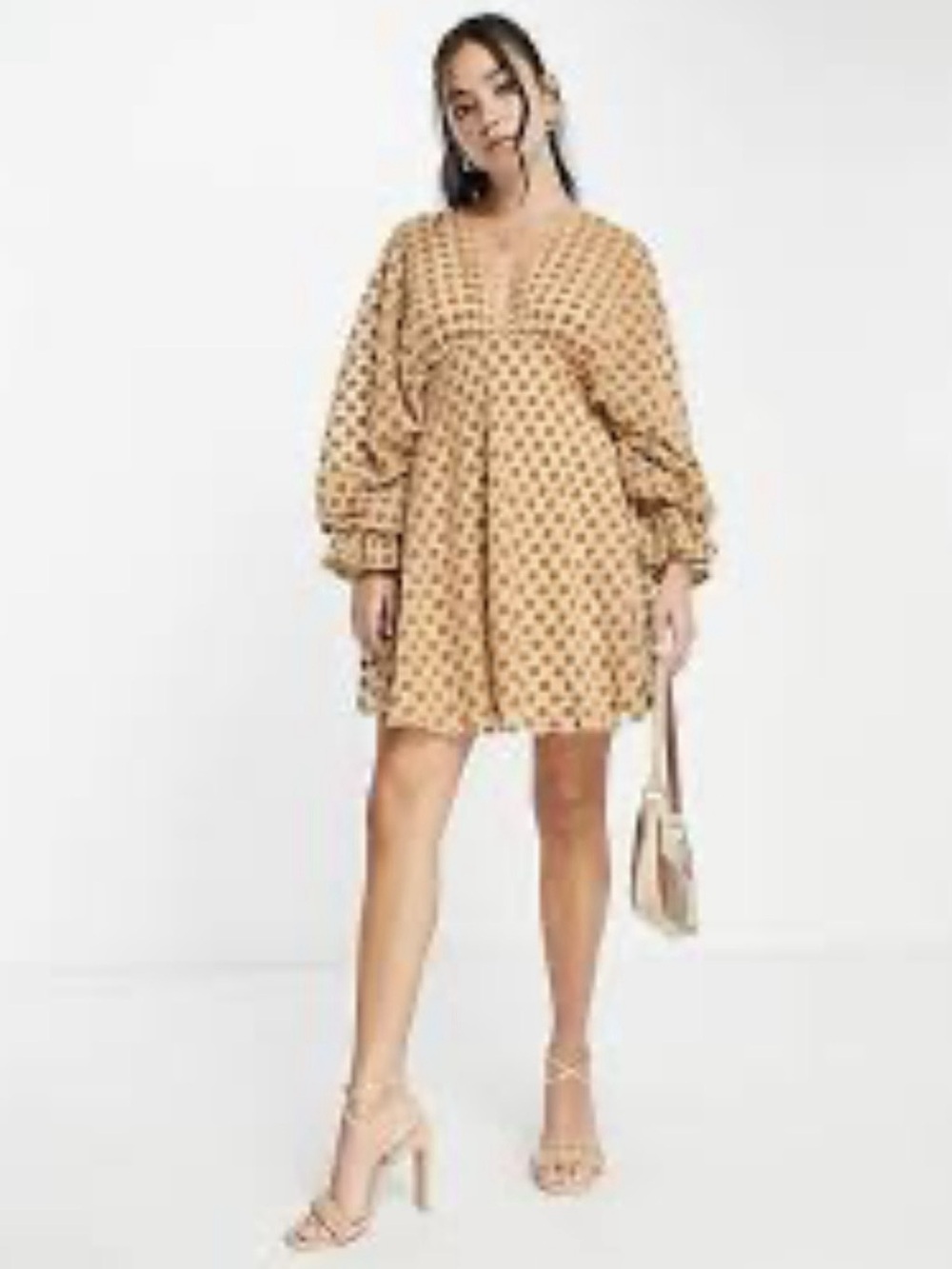 ASOS DESIGN Circle Trim Mini Dress Tan Gold Dotted Boho Sz 12 NWOT